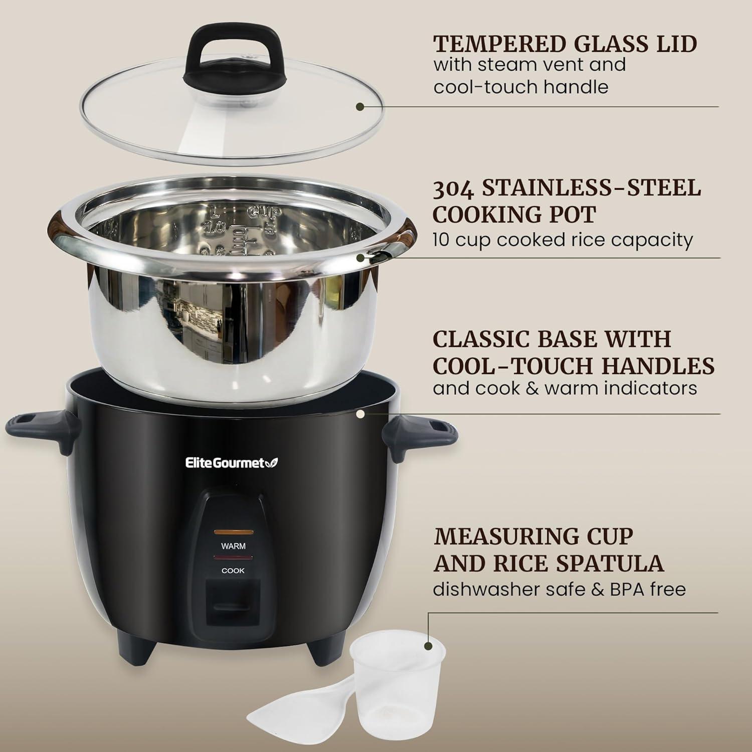 imageElite Gourmet ERC2010B Electric Rice Cooker with Stainless Steel Inner Pot Makes Soups Stews Porridges Grains and Cereals 10 cups cooked 5 Cups uncooked BlackBlack
