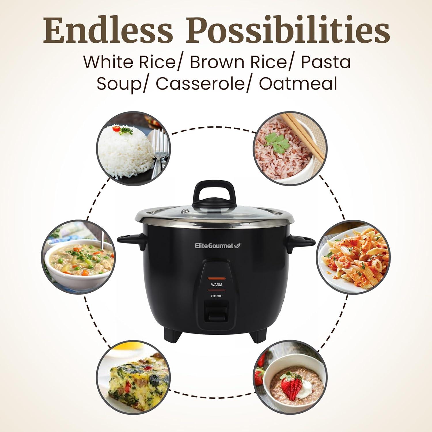 imageElite Gourmet ERC2010B Electric Rice Cooker with Stainless Steel Inner Pot Makes Soups Stews Porridges Grains and Cereals 10 cups cooked 5 Cups uncooked BlackBlack