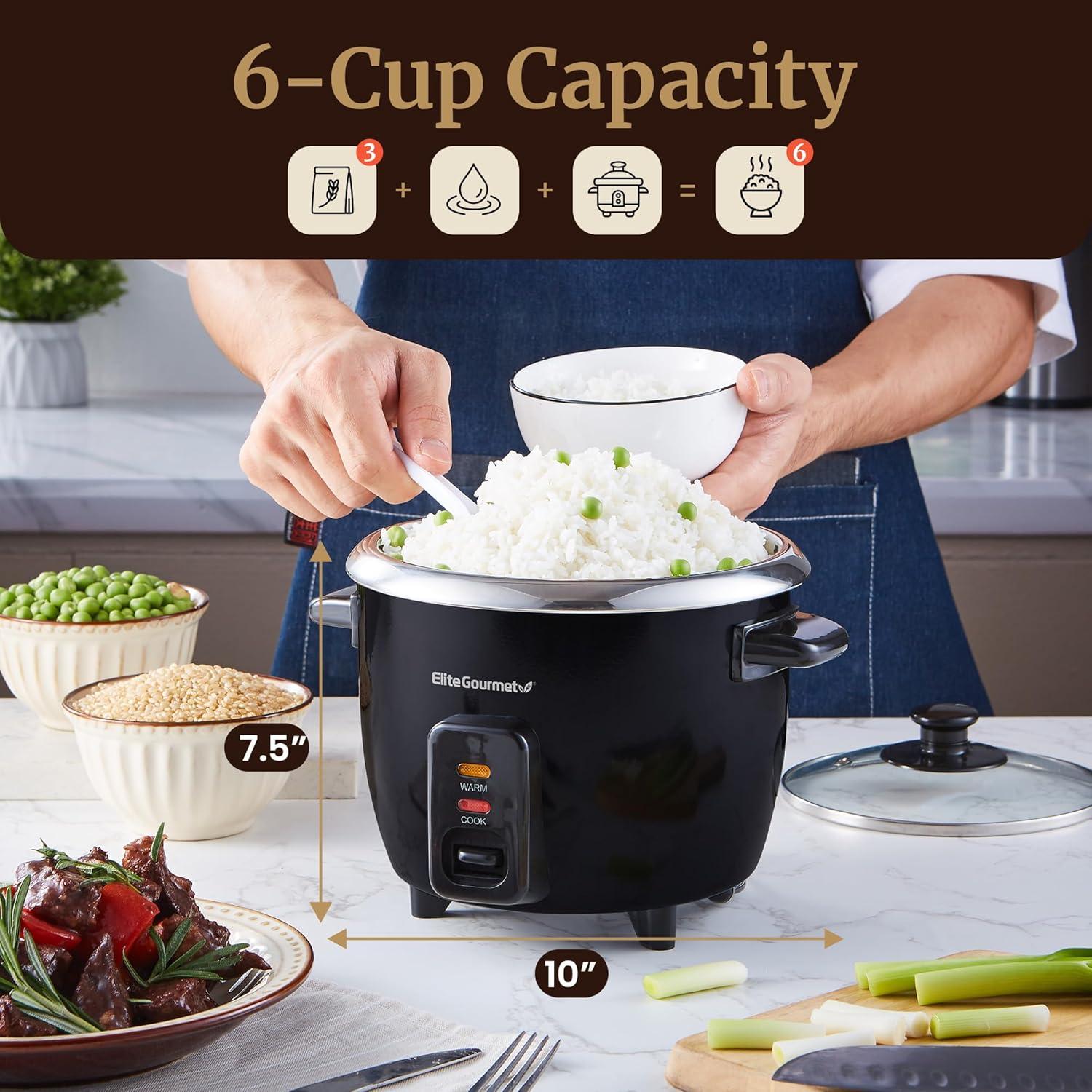 imageElite Gourmet ERC2010B Electric Rice Cooker with Stainless Steel Inner Pot Makes Soups Stews Porridges Grains and Cereals 10 cups cooked 5 Cups uncooked Black6 cup 3 cups uncooked