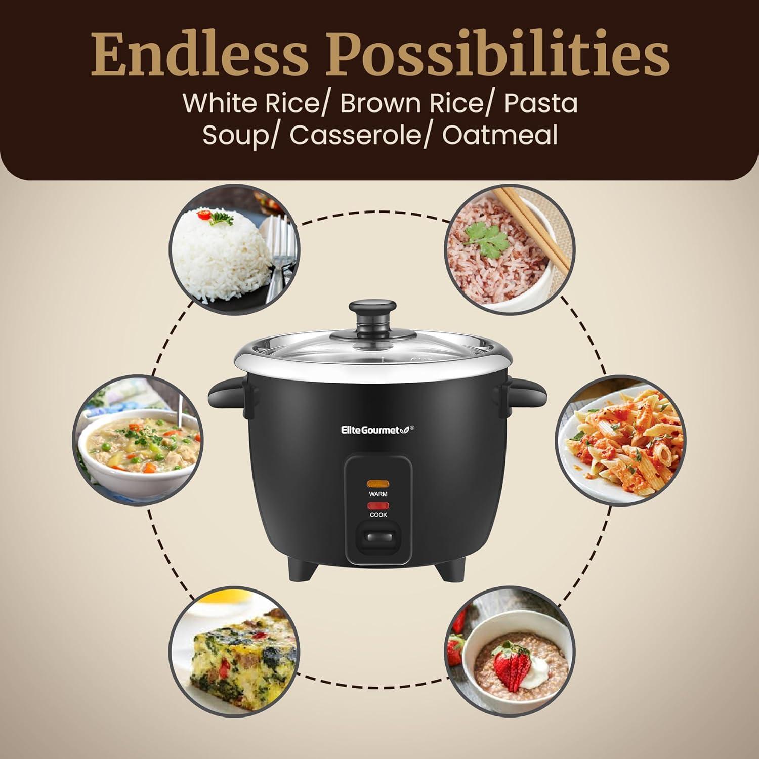 imageElite Gourmet ERC2010B Electric Rice Cooker with Stainless Steel Inner Pot Makes Soups Stews Porridges Grains and Cereals 10 cups cooked 5 Cups uncooked Black6 cup 3 cups uncooked