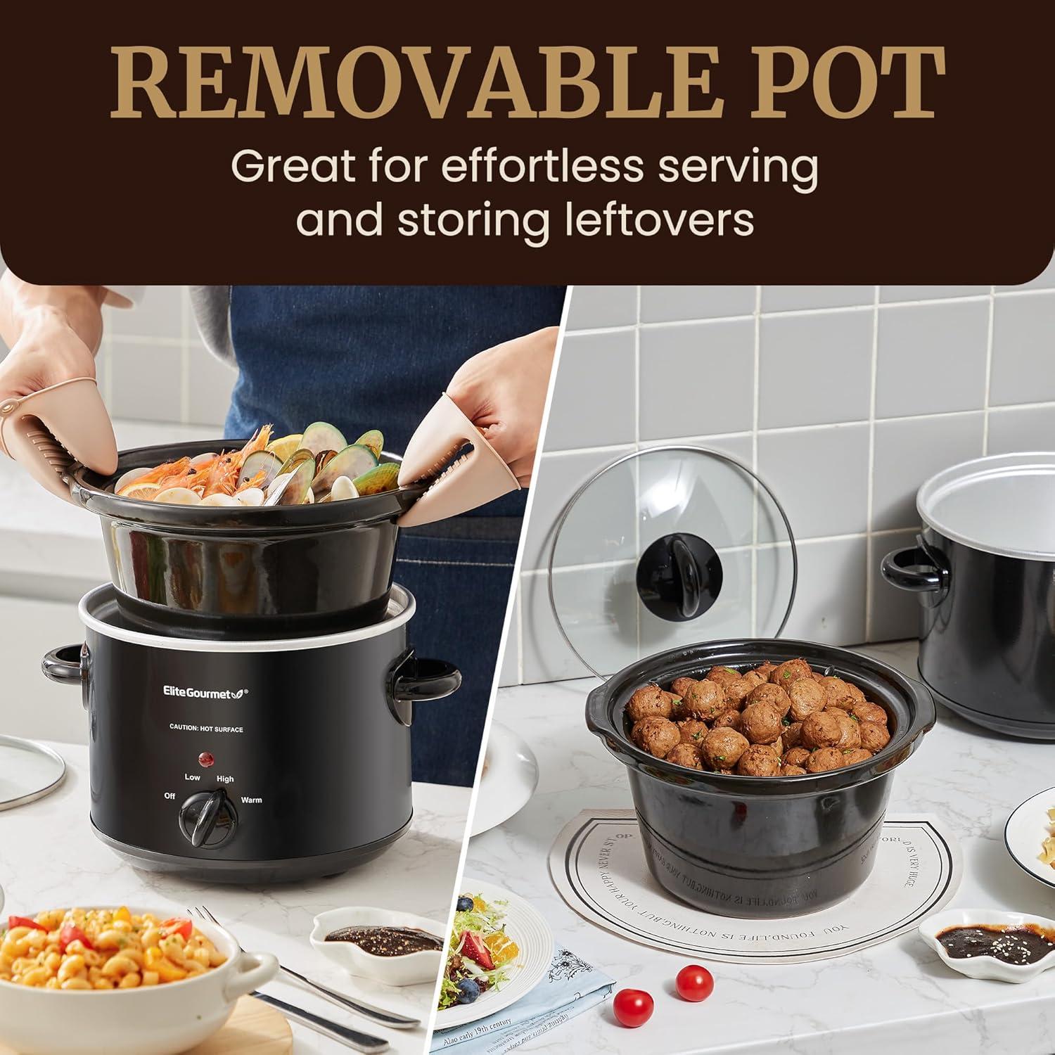 imageElite Gourmet MST1234B 6 Quart Diamond Pattern Slow Cooker Removable DishwasherSafe Stoneware Pot with Tempered Glass Lid CoolTouch Handles 6 Quart Black3 Quarts