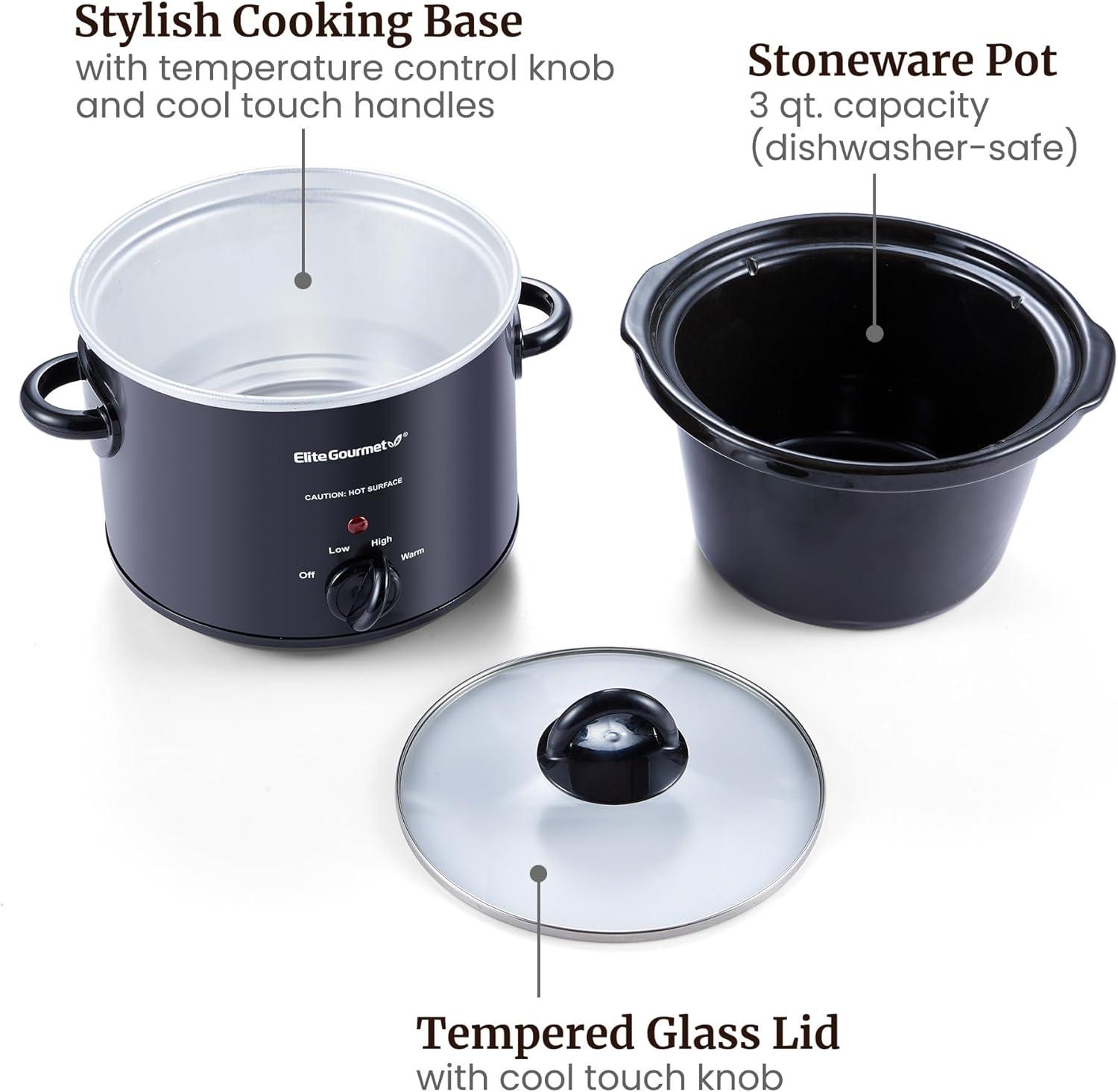 imageElite Gourmet MST1234B 6 Quart Diamond Pattern Slow Cooker Removable DishwasherSafe Stoneware Pot with Tempered Glass Lid CoolTouch Handles 6 Quart Black3 Quarts