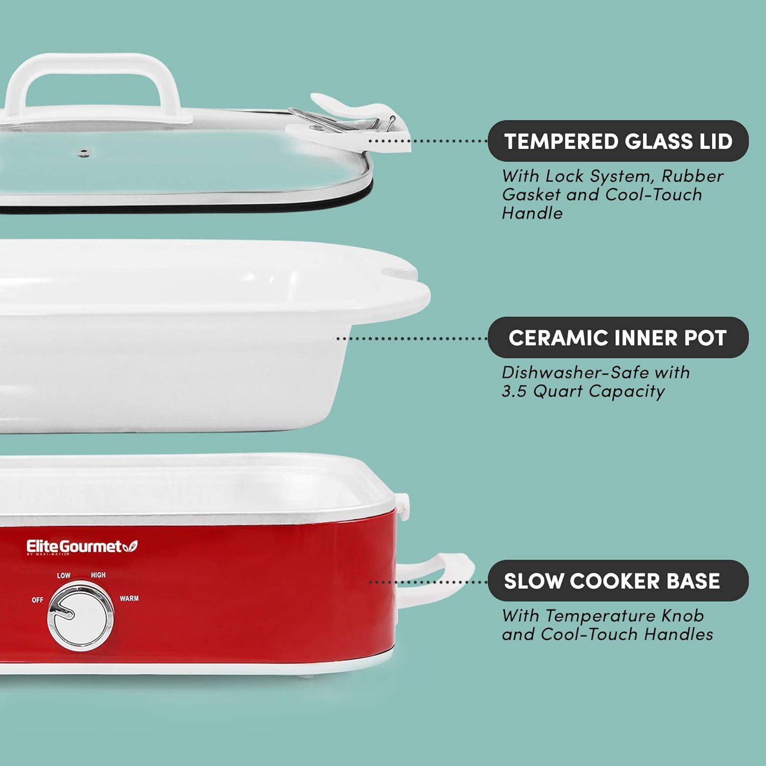 imageElite Gourmet MST5240 Casserole Crock Slow Cooker Locking Lid Adjustable Temperature Keep Warm Oven amp DishwasherSafe Casserole Pan 35Qt Capacity RedRed