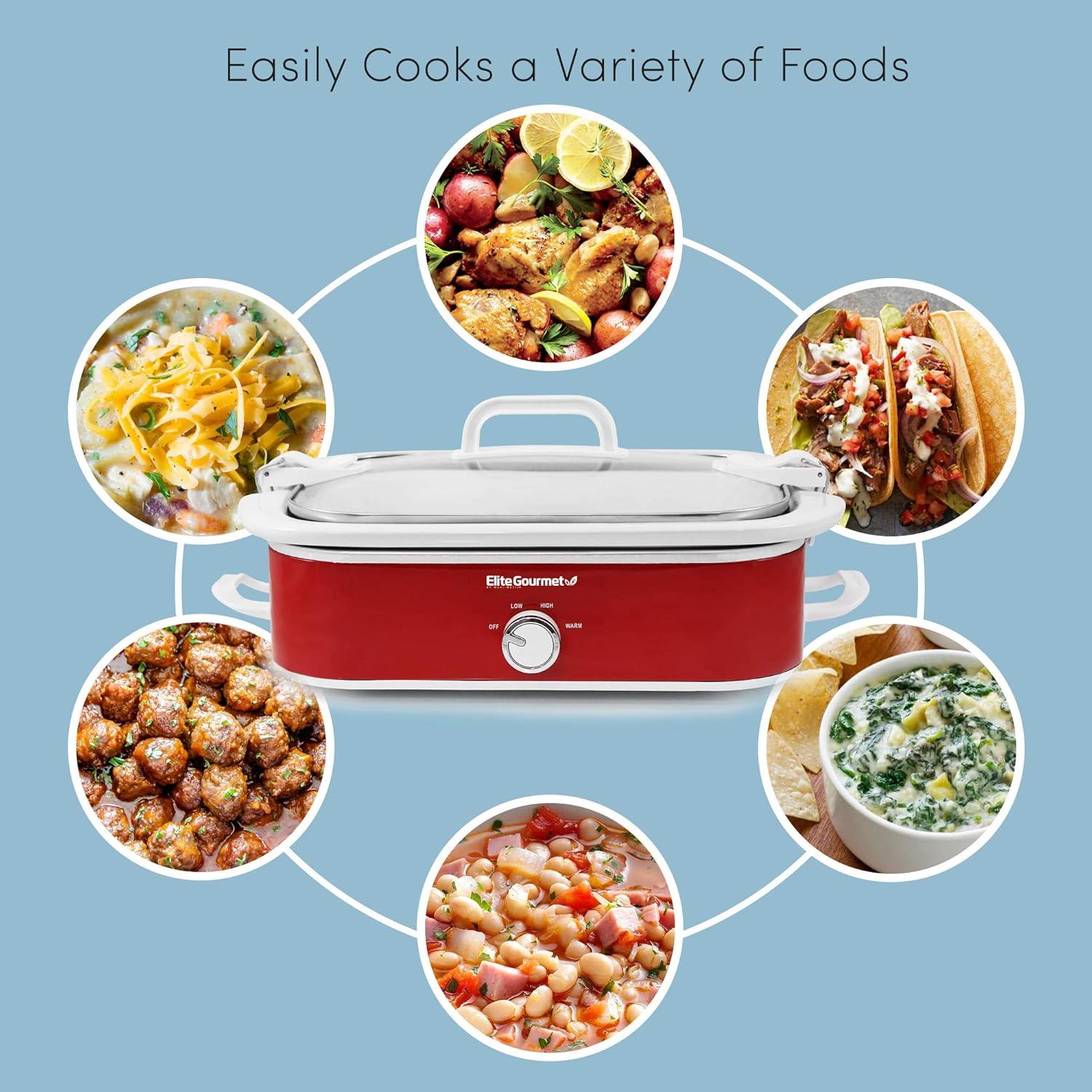 imageElite Gourmet MST5240 Casserole Crock Slow Cooker Locking Lid Adjustable Temperature Keep Warm Oven amp DishwasherSafe Casserole Pan 35Qt Capacity RedRed