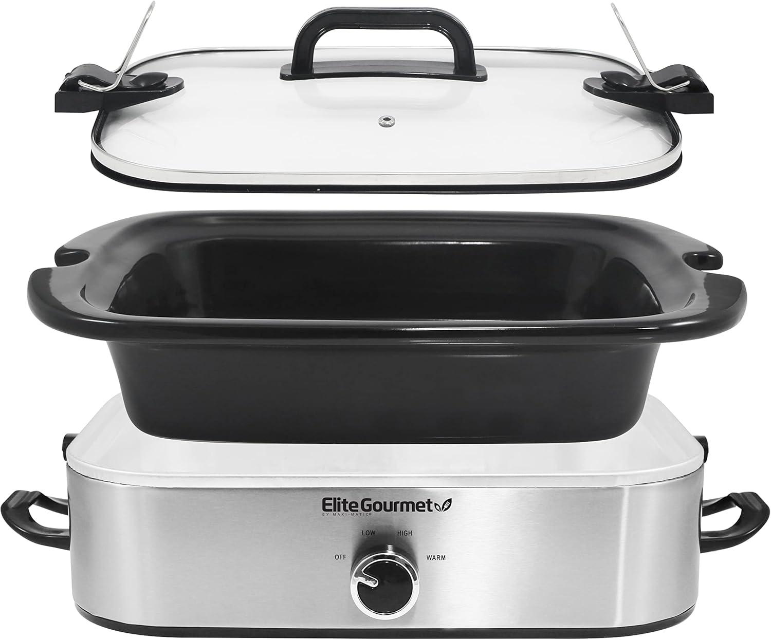 imageElite Gourmet MST5240 Casserole Crock Slow Cooker Locking Lid Adjustable Temperature Keep Warm Oven amp DishwasherSafe Casserole Pan 35Qt Capacity RedStainless Steel