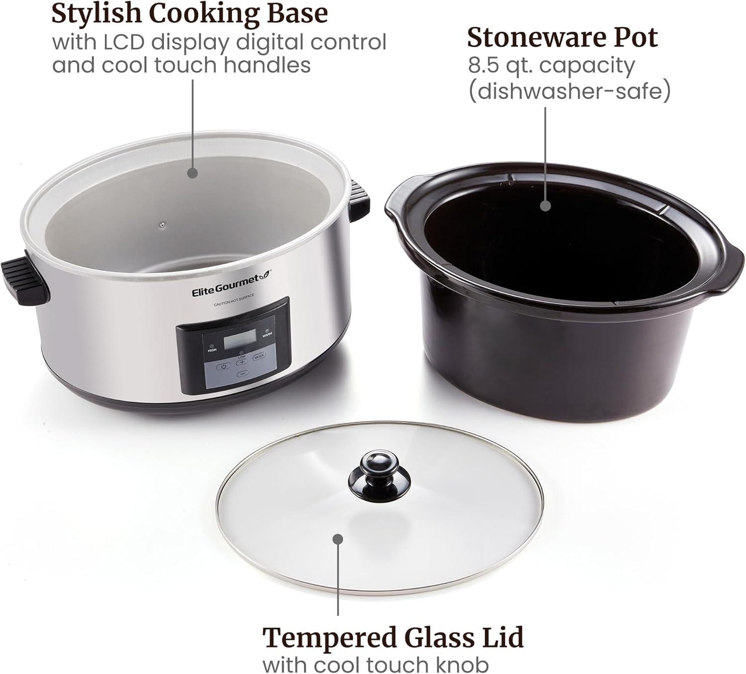 imageElite Gourmet MST900D 85Qt Digital Programmable XL Jumbo Slow Cooker Adjustable Temp Entrees Sauces Stews amp Dips Dishwasher Safe Glass Lid amp Crock Stainless SteelStainless Steel