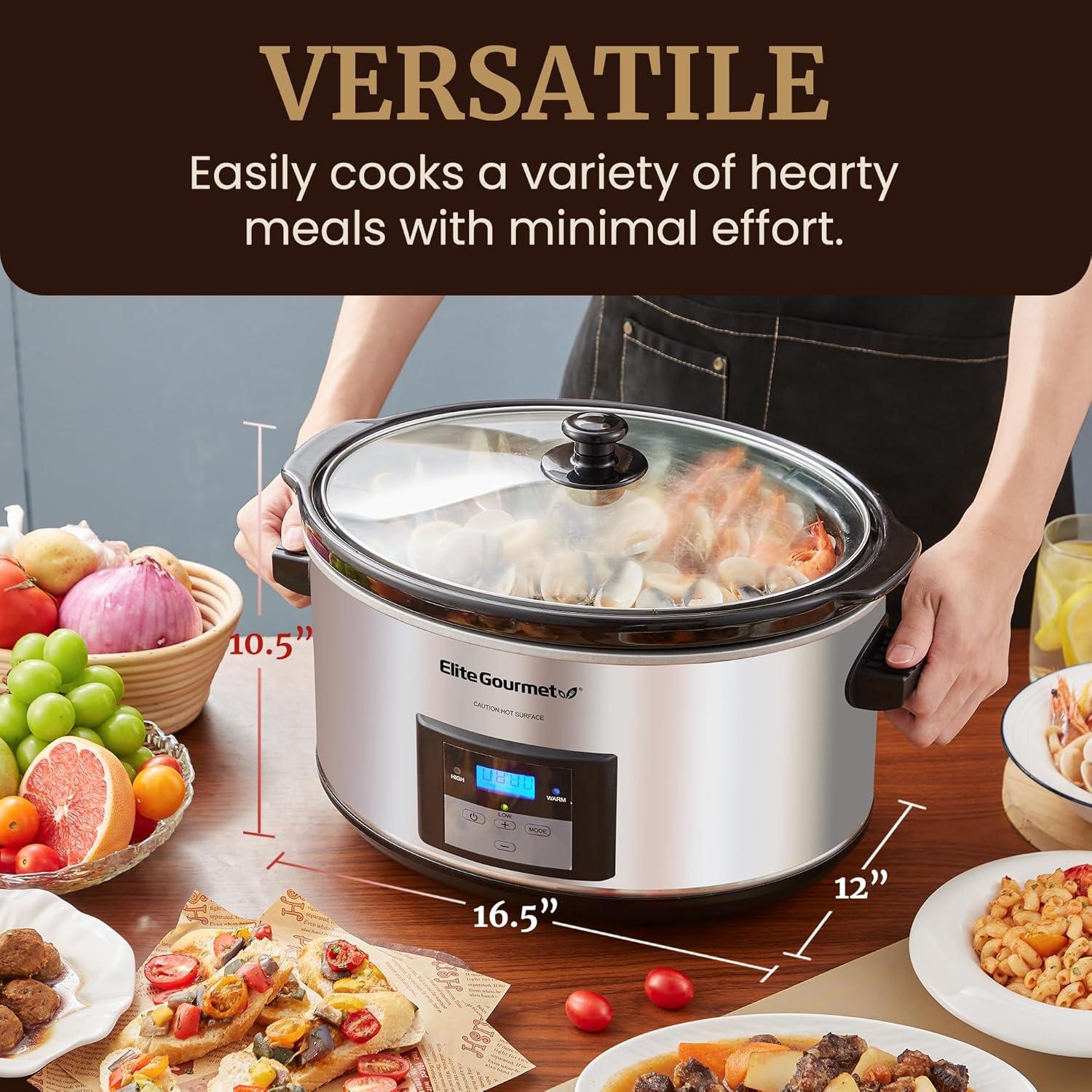 imageElite Gourmet MST900D 85Qt Digital Programmable XL Jumbo Slow Cooker Adjustable Temp Entrees Sauces Stews amp Dips Dishwasher Safe Glass Lid amp Crock Stainless SteelStainless Steel