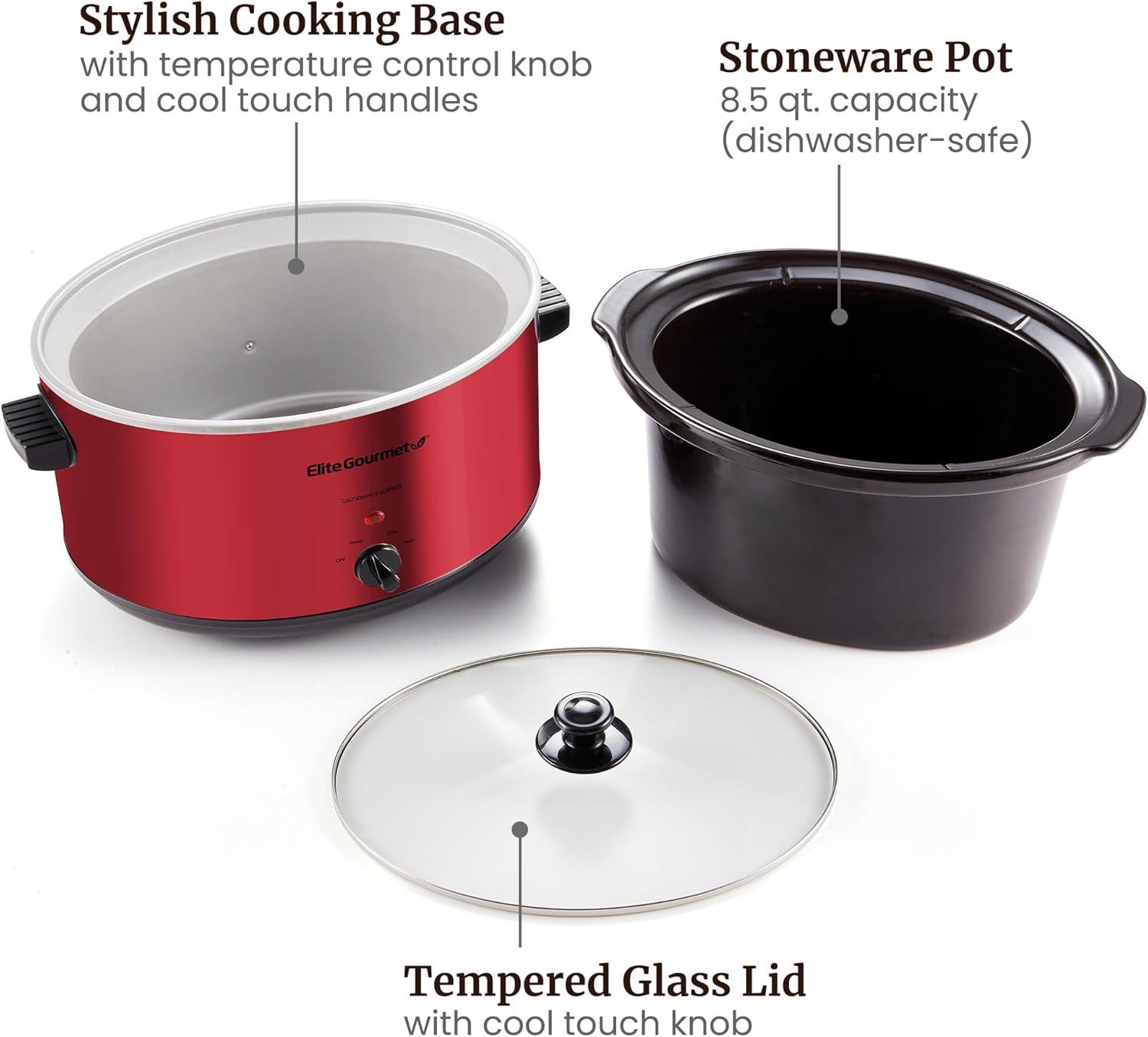 imageElite Gourmet MST900RXT Electric Ceramic XL Jumbo Slow Cooker Adjustable Temp Entrees Sauces Stews amp Dips Dishwasher Safe Glass Lid amp Crock 85Qt MetallicRed