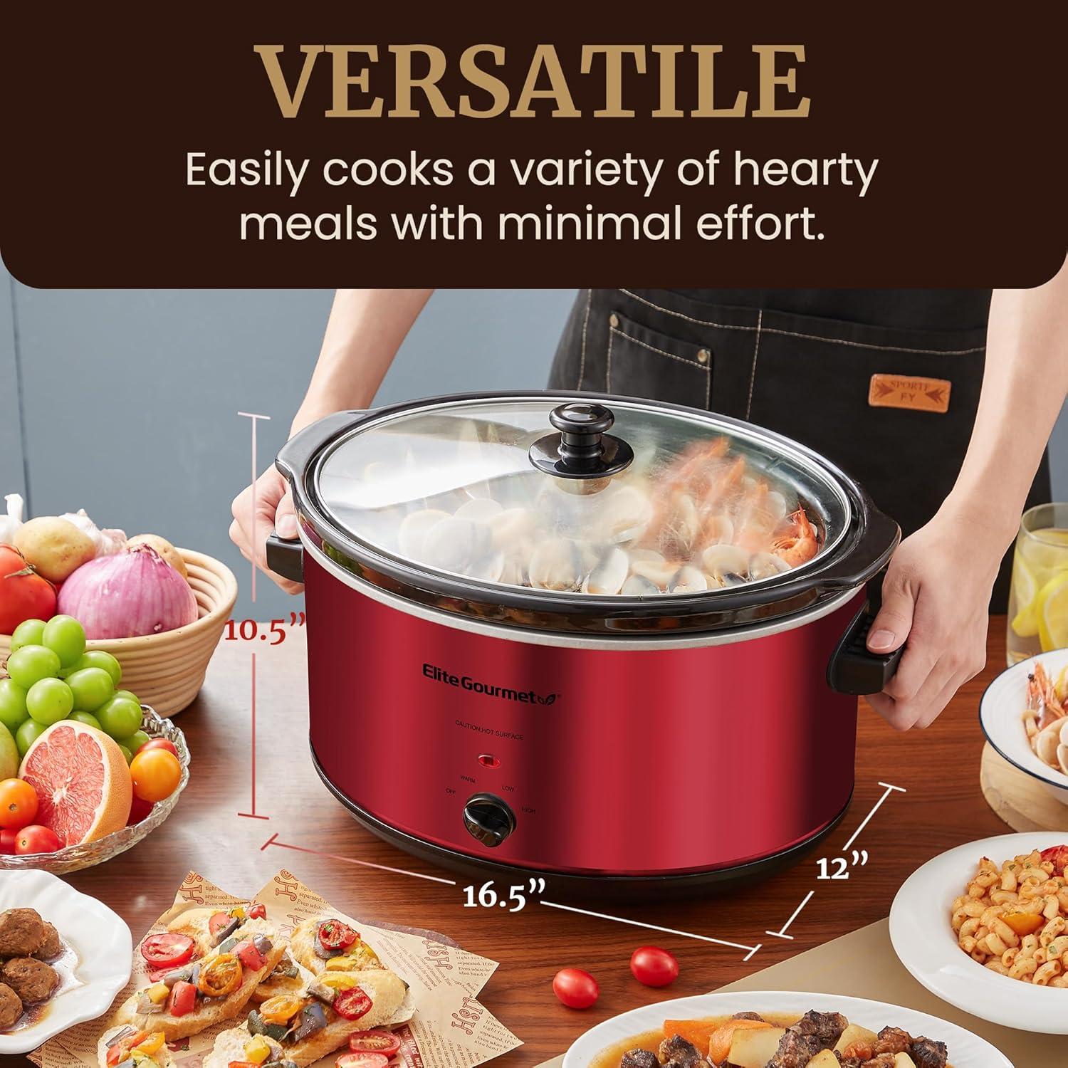 imageElite Gourmet MST900RXT Electric Ceramic XL Jumbo Slow Cooker Adjustable Temp Entrees Sauces Stews amp Dips Dishwasher Safe Glass Lid amp Crock 85Qt MetallicRed