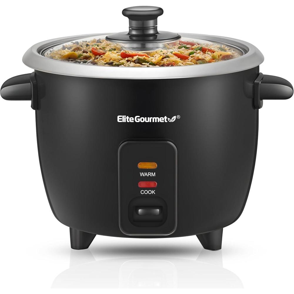 imageElite Gourmet ERC003BX Electric Rice Cooker with Automatic Keep Warm Makes Soups Stews Grains Hot Cereals 6 Cups Cooked 3 Cups Uncooked BlackBlack