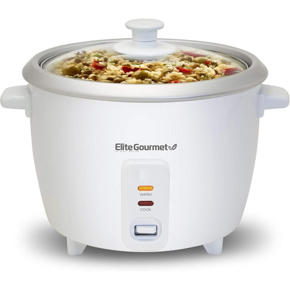 imageElite Gourmet ERC003BX Electric Rice Cooker with Automatic Keep Warm Makes Soups Stews Grains Hot Cereals 6 Cups Cooked 3 Cups Uncooked BlackWhite