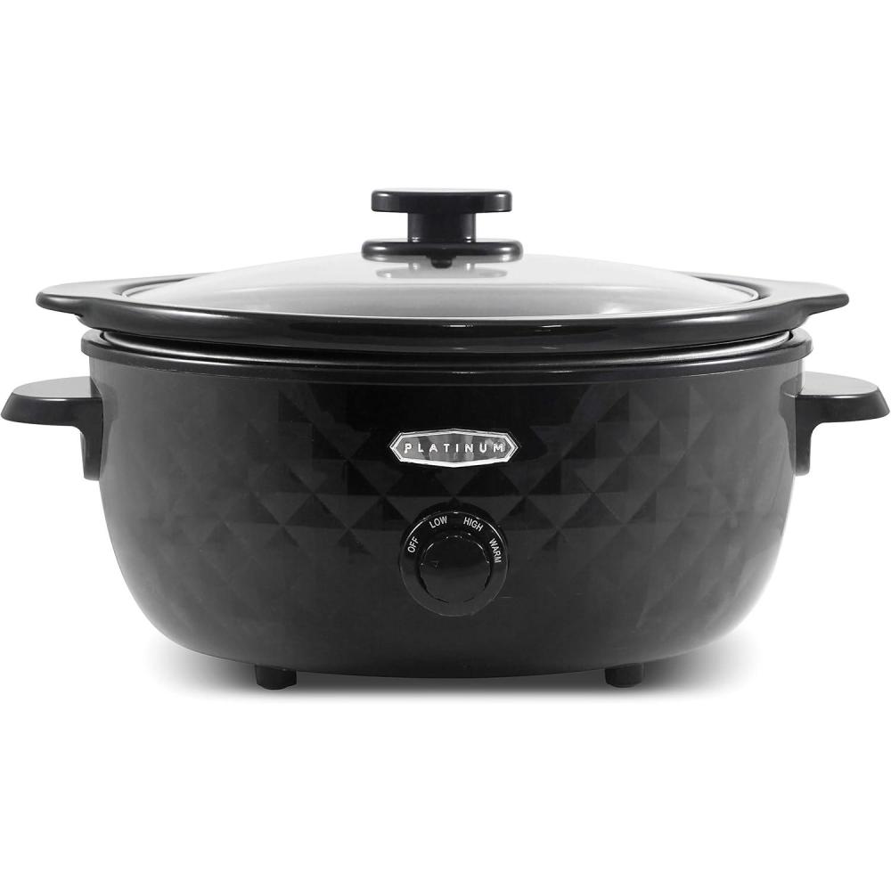 imageElite Gourmet MST1234B 6 Quart Diamond Pattern Slow Cooker Removable DishwasherSafe Stoneware Pot with Tempered Glass Lid CoolTouch Handles 6 Quart Black6 Quarts