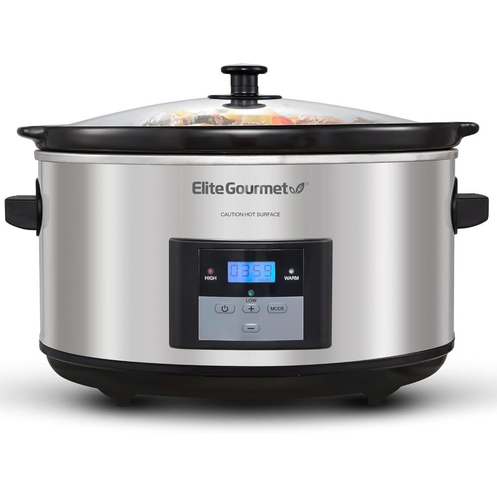 imageElite Gourmet MST900D 85Qt Digital Programmable XL Jumbo Slow Cooker Adjustable Temp Entrees Sauces Stews amp Dips Dishwasher Safe Glass Lid amp Crock Stainless SteelStainless SteelBlack