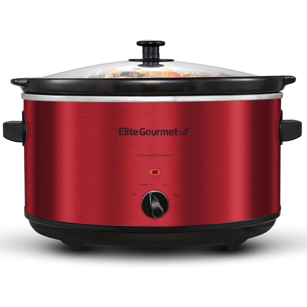 imageElite Gourmet MST900RXT Electric Ceramic XL Jumbo Slow Cooker Adjustable Temp Entrees Sauces Stews amp Dips Dishwasher Safe Glass Lid amp Crock 85Qt MetallicRed