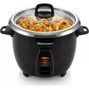 Elite Gourmet ERC2010B Electric Rice Cooker with Stainless Steel Inner Pot Makes Soups, Stews, Porridge’s, Grains and Cereals, 10 cups cooked (5 Cups uncooked), Black(Black)