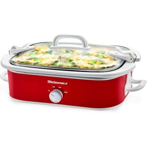 Elite Gourmet MST-5240 Casserole Crock Slow Cooker, Locking Lid Adjustable Temperature Keep Warm Oven & Dishwasher-Safe Casserole Pan, 3.5Qt Capacity, Red(Red)