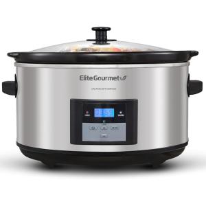 Elite Gourmet MST-900D 8.5Qt Digital Programmable XL Jumbo Slow Cooker, Adjustable Temp, Entrees, Sauces, Stews & Dips, Dishwasher Safe Glass Lid & Crock, Stainless Steel(Stainless Steel/Black)