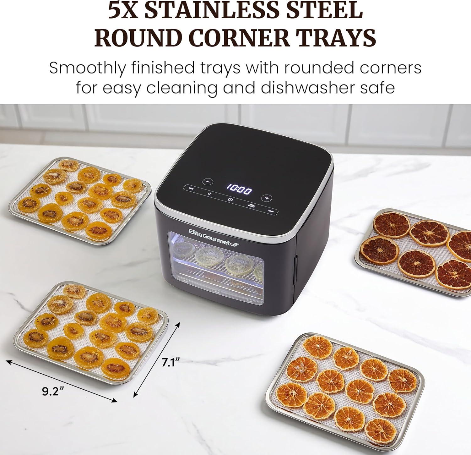 imageElite Gourmet EFD319BNG Food Dehydrator 5 BPAFree 114 Trays Adjustable Temperature Controls Jerky Herbs Fruit Veggies Dried Snacks Black and Grey 5 TraysBlack