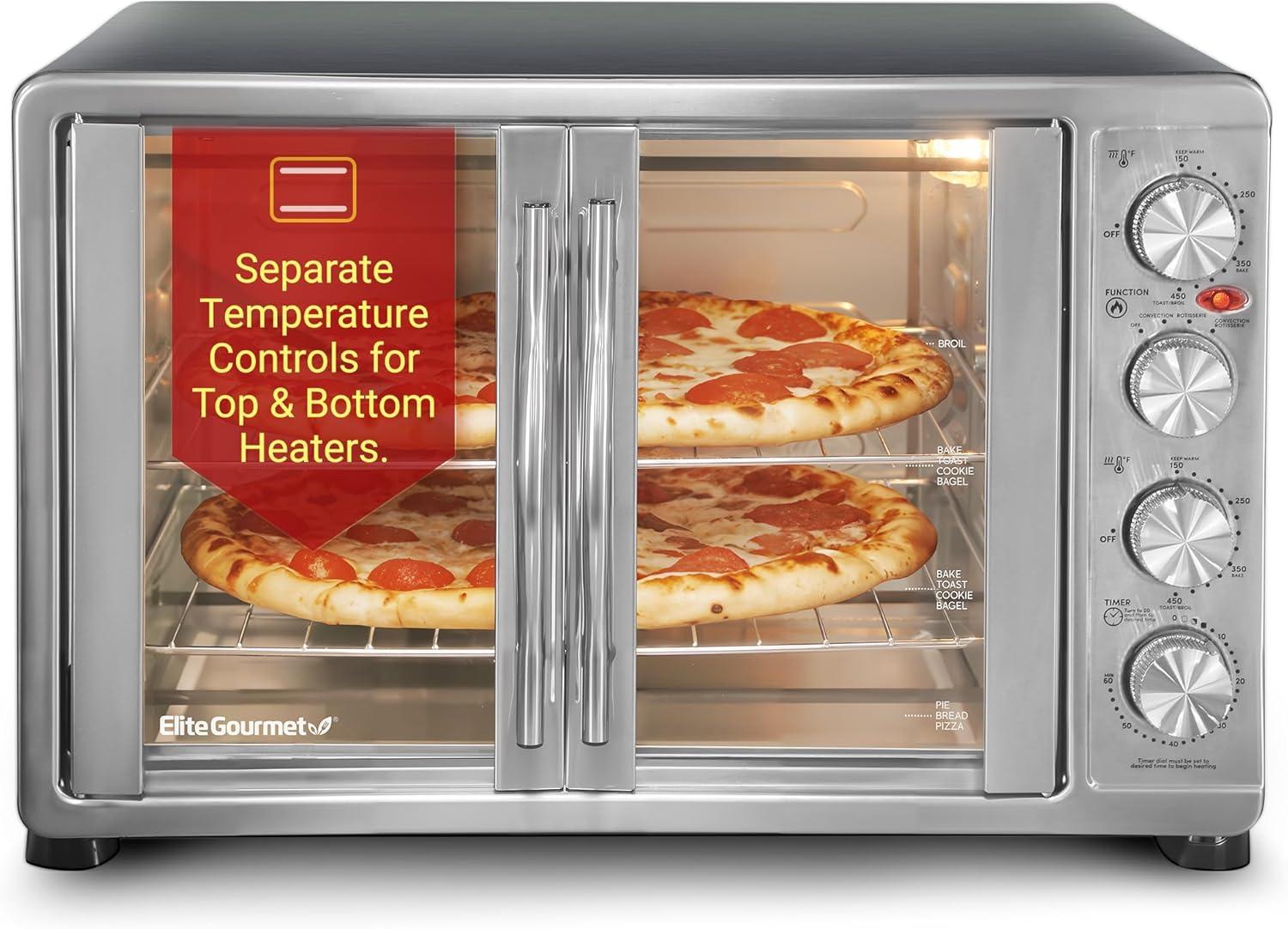 imageElite Gourmet ETO4510B French Door 475Qt 18Slice Convection Oven 4Control Knobs Bake Broil Toast Rotisserie Keep Warm Includes 2 x 12 Pizza Racks Stainless SteelStainless Steel and Black