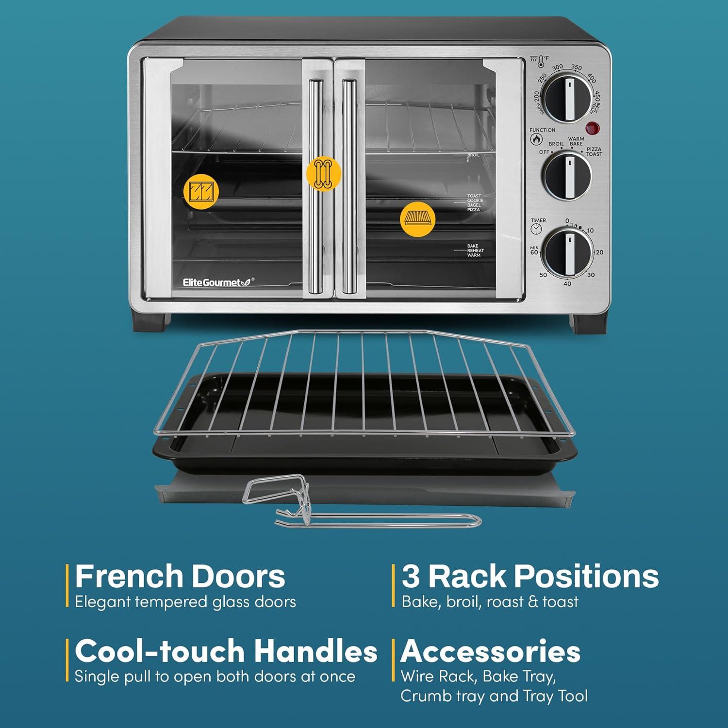 imageElite Gourmet ETO4510B French Door 475Qt 18Slice Convection Oven 4Control Knobs Bake Broil Toast Rotisserie Keep Warm Includes 2 x 12 Pizza Racks Stainless SteelStainless Steel and Black