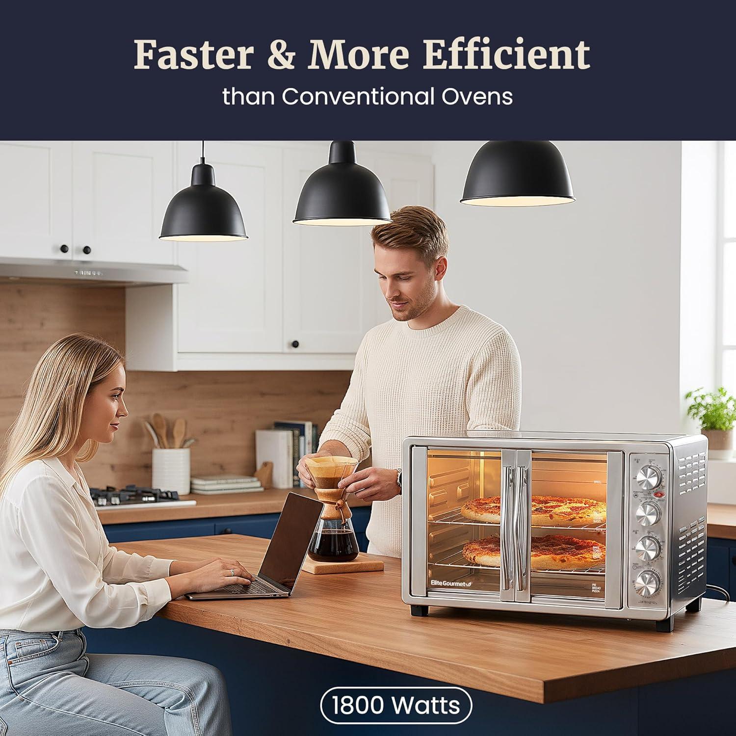 imageElite Gourmet ETO4510B French Door 475Qt 18Slice Convection Oven 4Control Knobs Bake Broil Toast Rotisserie Keep Warm Includes 2 x 12 Pizza Racks Stainless SteelStainless Steel and Black