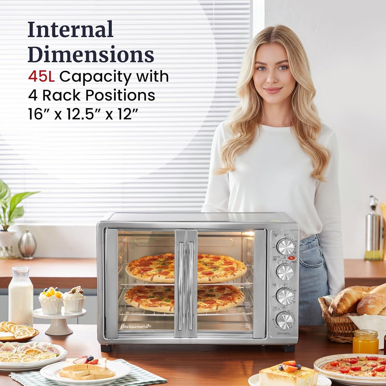 imageElite Gourmet ETO4510B French Door 475Qt 18Slice Convection Oven 4Control Knobs Bake Broil Toast Rotisserie Keep Warm Includes 2 x 12 Pizza Racks Stainless SteelStainless Steel and Black