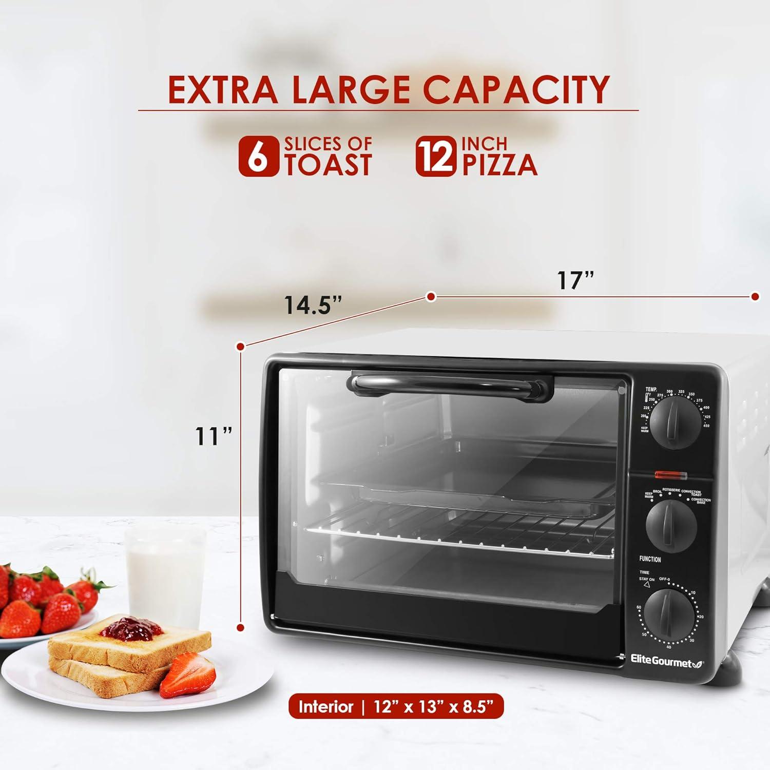 imageElite Gourmet ETO4510B French Door 475Qt 18Slice Convection Oven 4Control Knobs Bake Broil Toast Rotisserie Keep Warm Includes 2 x 14 Pizza Racks Stainless Steel6Slice 23L