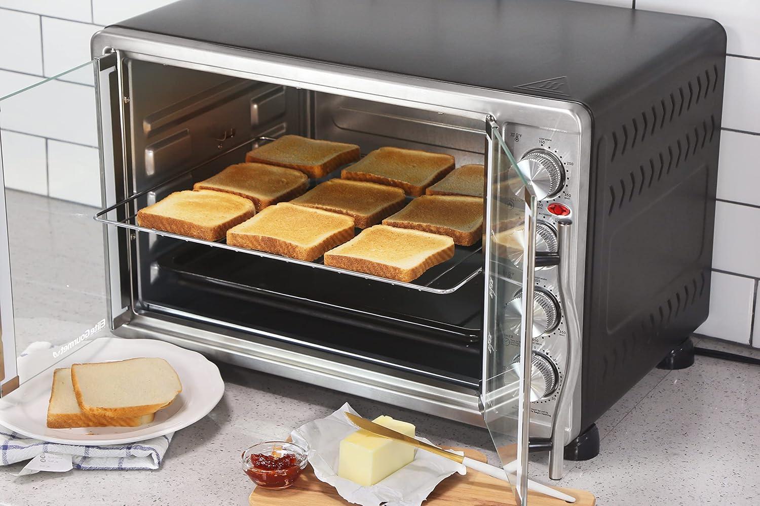 imageElite Gourmet ETO4510B French Door 475Qt 18Slice Convection Oven 4Control Knobs Bake Broil Toast Rotisserie Keep Warm Includes 2 x 14 Pizza Racks Stainless Steel18Slice 45L
