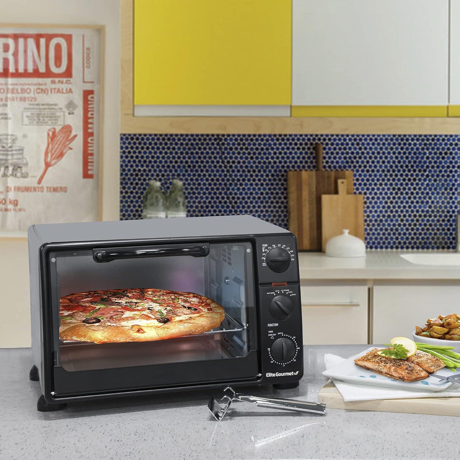 imageElite Gourmet ETO4510B French Door 475Qt 18Slice Convection Oven 4Control Knobs Bake Broil Toast Rotisserie Keep Warm Includes 2 x 14 Pizza Racks Stainless Steel6Slice 23L