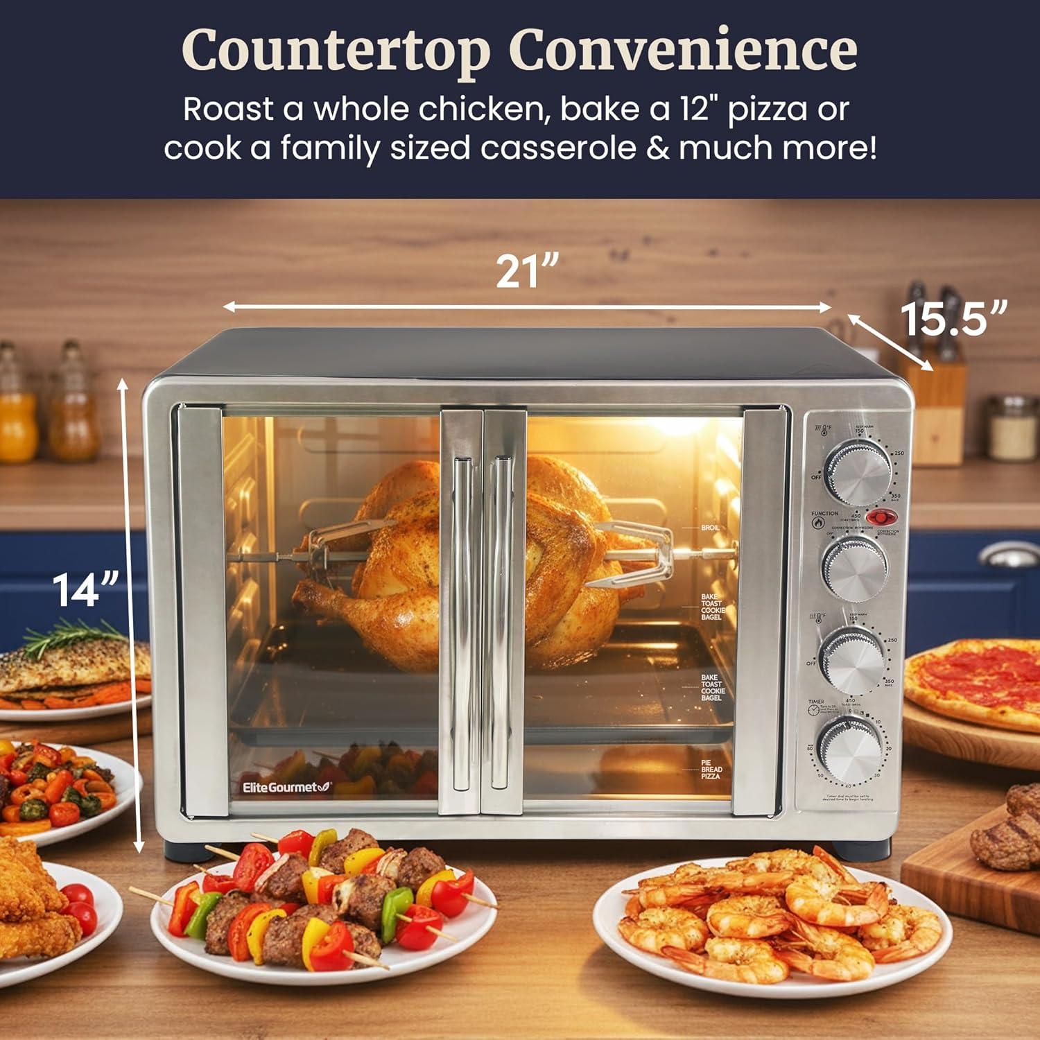 imageElite Gourmet ETO4510M French Door 475Qt 18Slice Convection Oven 4Control Knobs Bake Broil Toast Rotisserie Keep Warm Includes 2 x 12 Pizza Racks Stainless Steel18Slice 45L