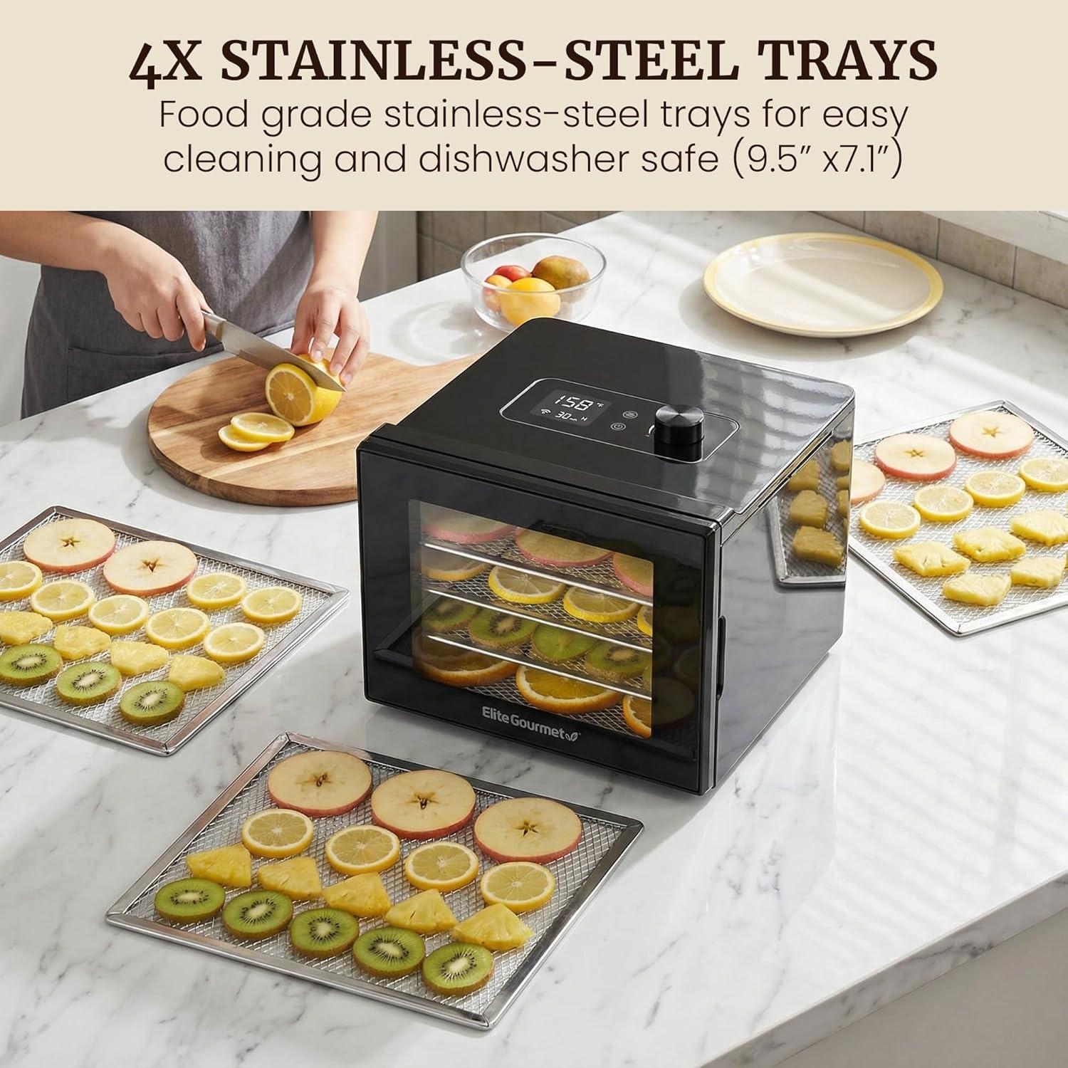imageElite Gourmet Food Dehydrator Stainless Steel Trays Food Dehydrator Adjustable Temperature Controls Jerky Herbs Fruit Veggies Snacks4 Plastic Trays