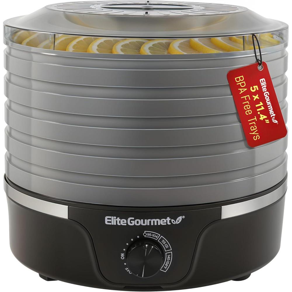 imageElite Gourmet EFD319BNG Food Dehydrator 5 BPAFree 114 Trays Adjustable Temperature Controls Jerky Herbs Fruit Veggies Dried Snacks Black and Grey 5 TraysBlack and Gray