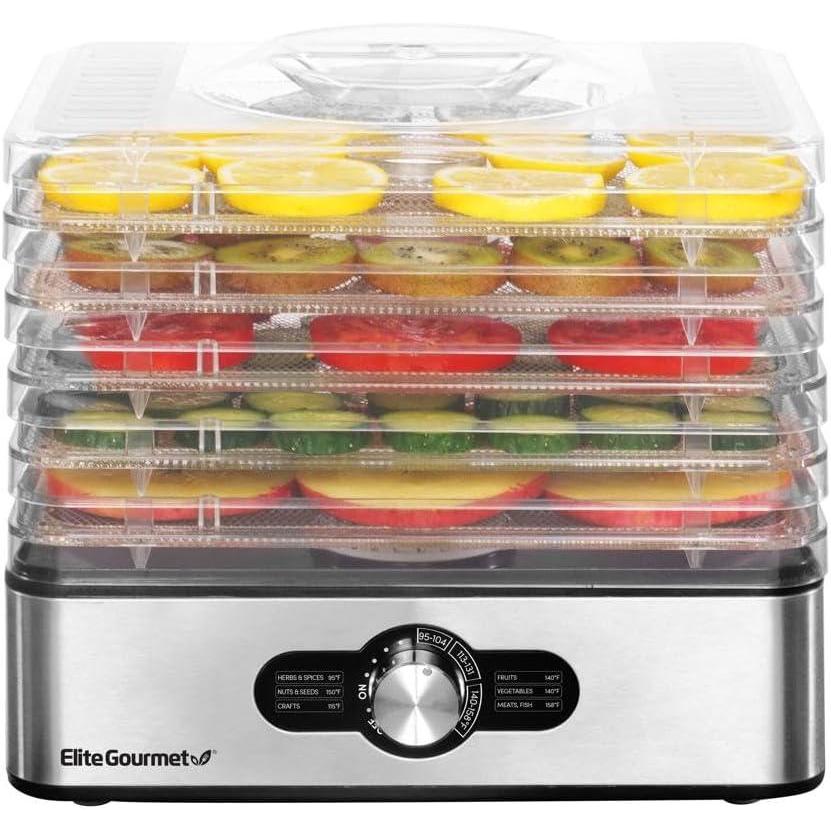 imageElite Gourmet EFD3321 Food Dehydrator Stainless Steel Trays Adjustable Temperature Controls Jerky Herbs Fruit Veggies Dried Snacks Stainless Steel5 Stainless Steel Trays