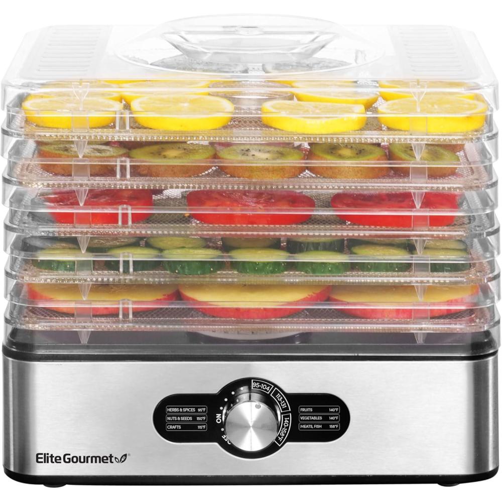 imageElite Gourmet EFD3321X Food Dehydrator Stainless Steel Trays Adjustable Temperature Controls Jerky Herbs Fruit Veggies Dried Snacks Stainless Steel