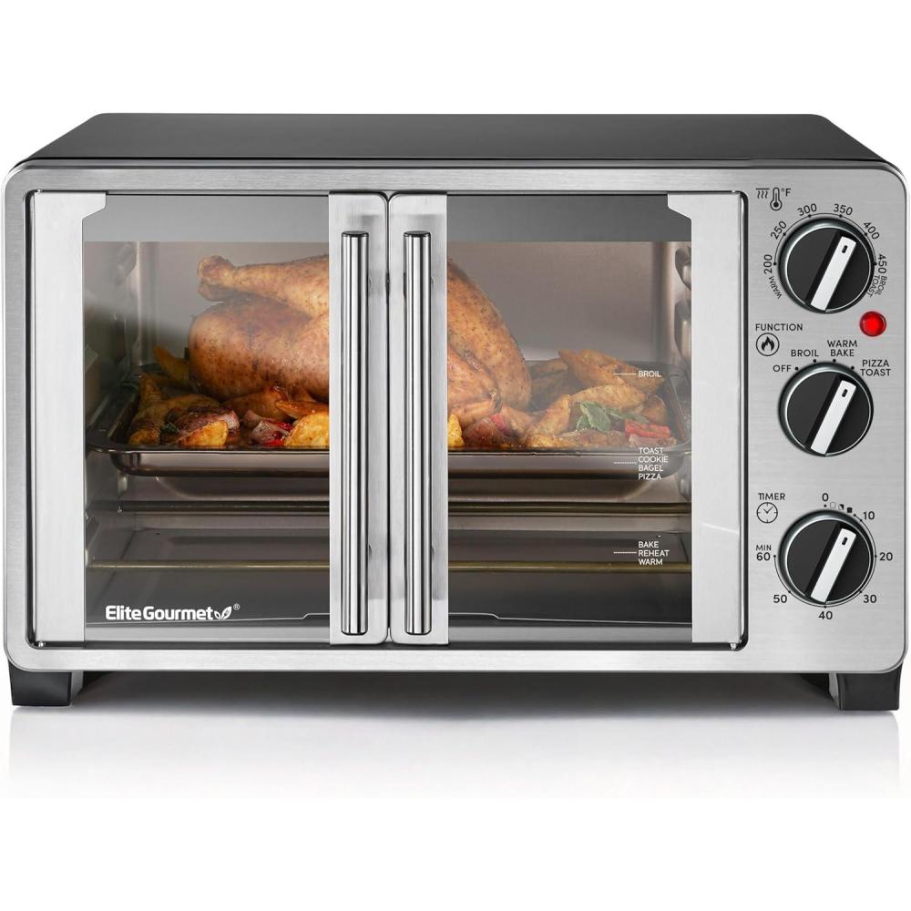imageElite Gourmet ETO4510B French Door 475Qt 18Slice Convection Oven 4Control Knobs Bake Broil Toast Rotisserie Keep Warm Includes 2 x 12 Pizza Racks Stainless SteelStainless Steel and Black