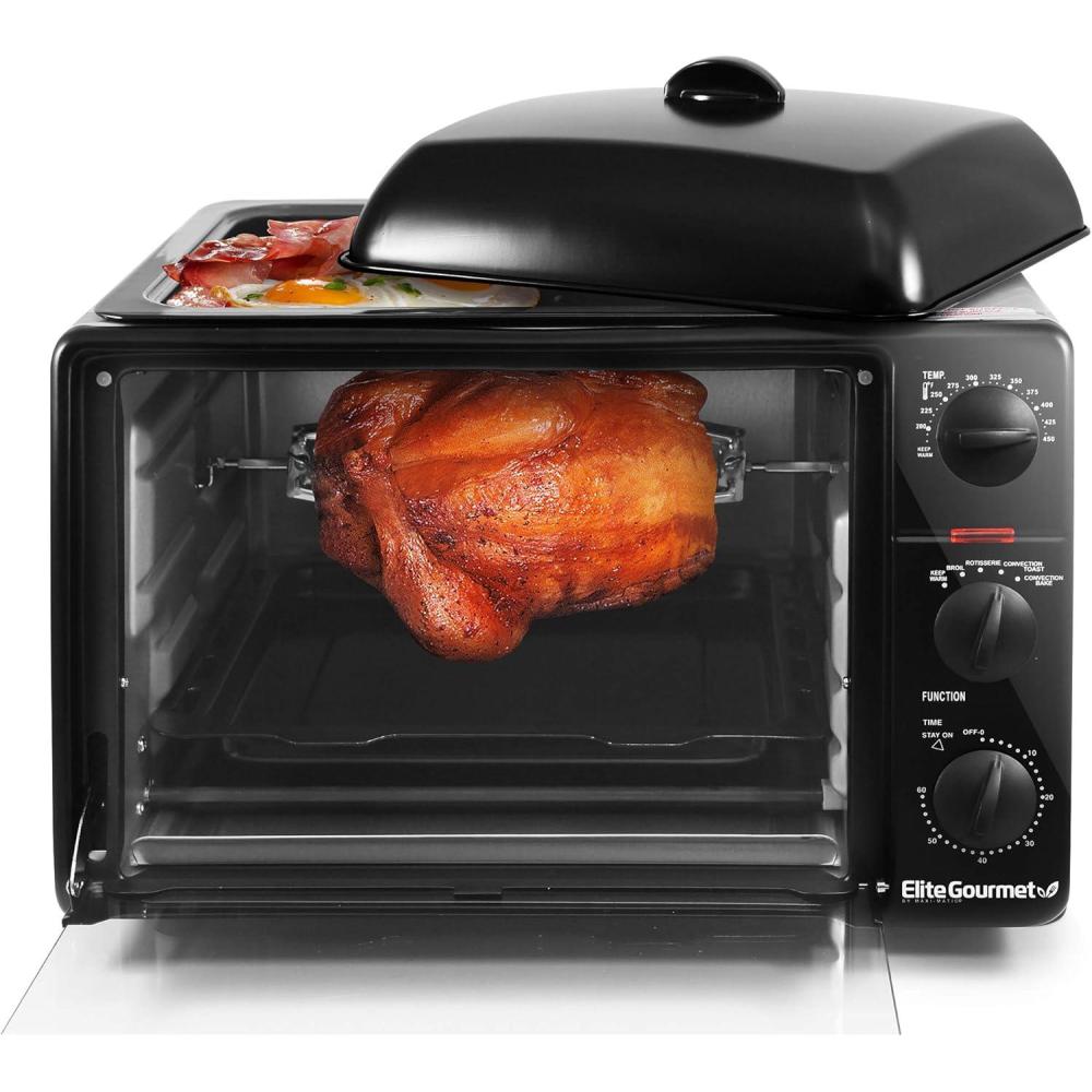 imageElite Gourmet ETO4510B French Door 475Qt 18Slice Convection Oven 4Control Knobs Bake Broil Toast Rotisserie Keep Warm Includes 2 x 12 Pizza Racks Stainless SteelBlack