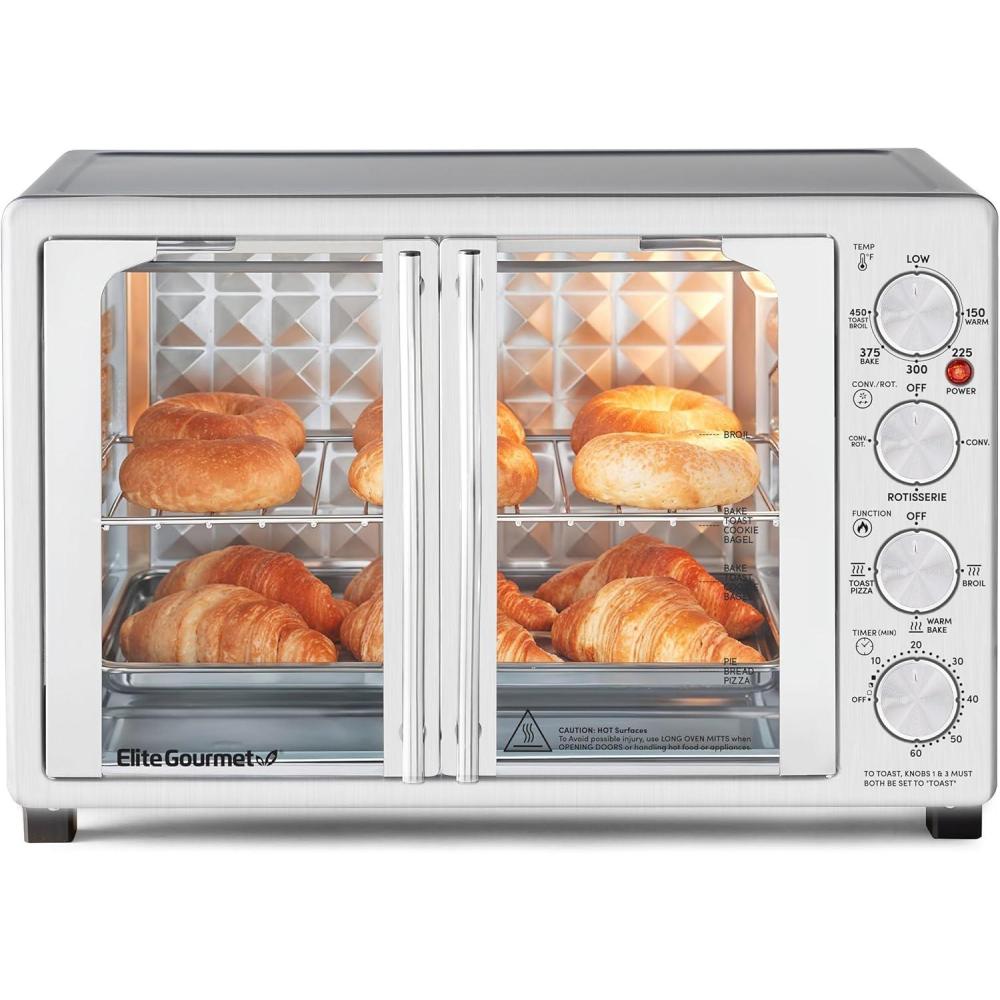 imageElite Gourmet ETO4510B French Door 475Qt 18Slice Convection Oven 4Control Knobs Bake Broil Toast Rotisserie Keep Warm Includes 2 x 14 Pizza Racks Stainless Steel12Slice 45L