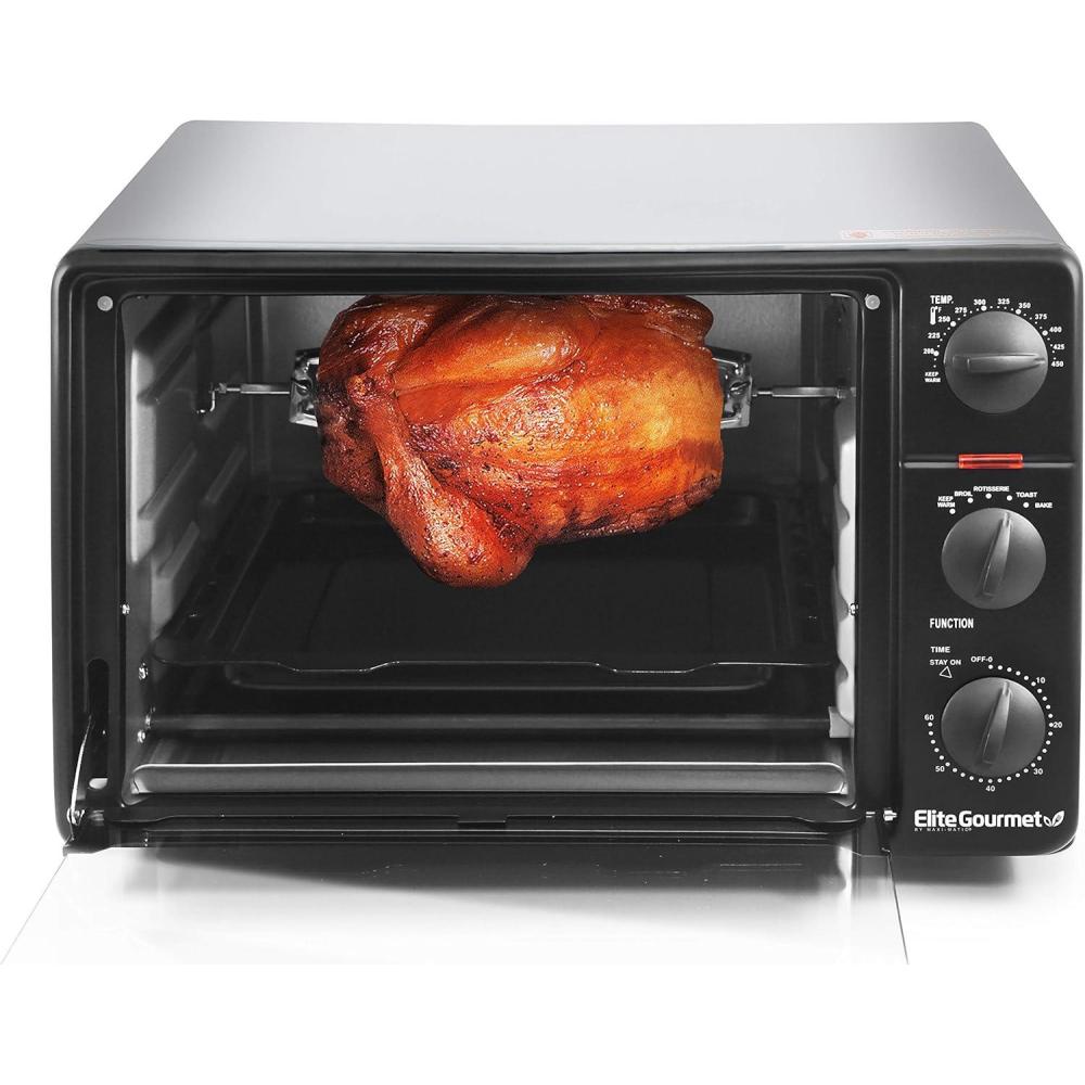 imageElite Gourmet ETO4510B French Door 475Qt 18Slice Convection Oven 4Control Knobs Bake Broil Toast Rotisserie Keep Warm Includes 2 x 14 Pizza Racks Stainless Steel6Slice 23L