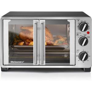 Elite Gourmet ETO4510B# French Door 47.5Qt, 18-Slice Convection Oven 4-Control Knobs, Bake Broil Toast Rotisserie Keep Warm, Includes 2 x 12″ Pizza Racks, Stainless Steel(Stainless Steel and Black)