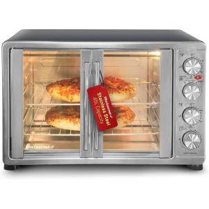 Elite Gourmet ETO4510B French Door 47.5Qt, 18-Slice Convection Oven 4-Control Knobs, Bake Broil Toast Rotisserie Keep Warm, Includes 2 x 14″ Pizza Racks, Stainless Steel(18-Slice  45L)