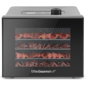 Elite Gourmet Food Dehydrator, Stainless Steel Trays Food Dehydrator, Adjustable Temperature Controls, Jerky Herbs Fruit Veggies Snacks(4 Plastic Trays)