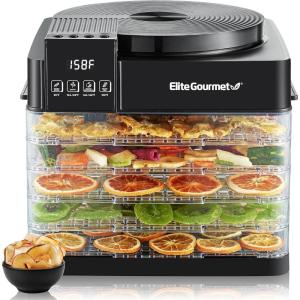Elite Gourmet Food Dehydrator, Stainless Steel Trays Food Dehydrator, Adjustable Temperature Controls, Jerky Herbs Fruit Veggies Snacks(5 Plastic Trays)