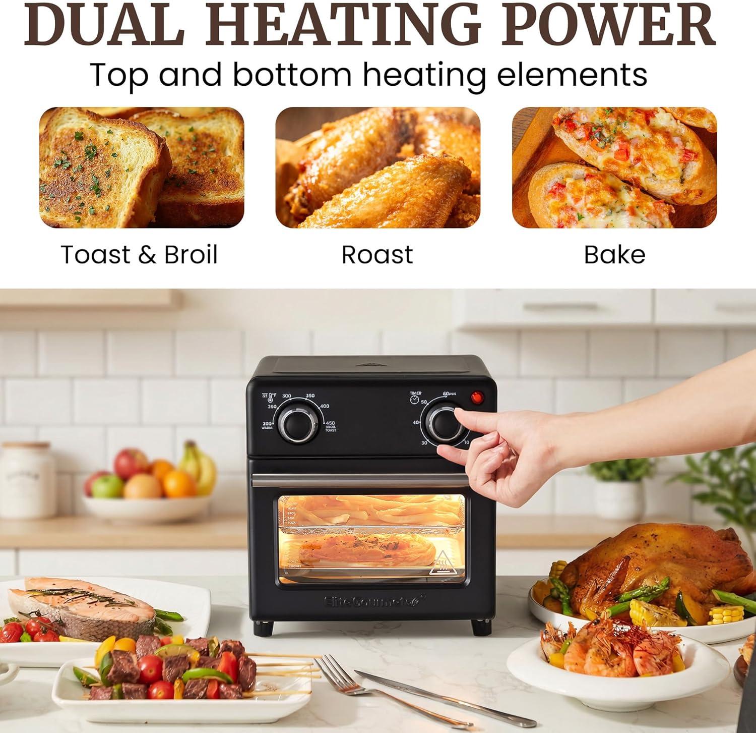 imageElite Gourmet EAF0852SS 85Qt Capacity Air Fryer Oven Air Fry Broil Toast Bake amp Broil with Convection Time and Temperature Controls 800Watts Includes 25 Delicious Recipes Stainless SteelBlack
