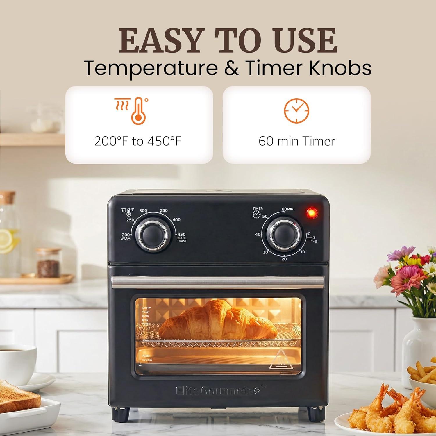 imageElite Gourmet EAF0852SS 85Qt Capacity Air Fryer Oven Air Fry Broil Toast Bake amp Broil with Convection Time and Temperature Controls 800Watts Includes 25 Delicious Recipes Stainless SteelBlack