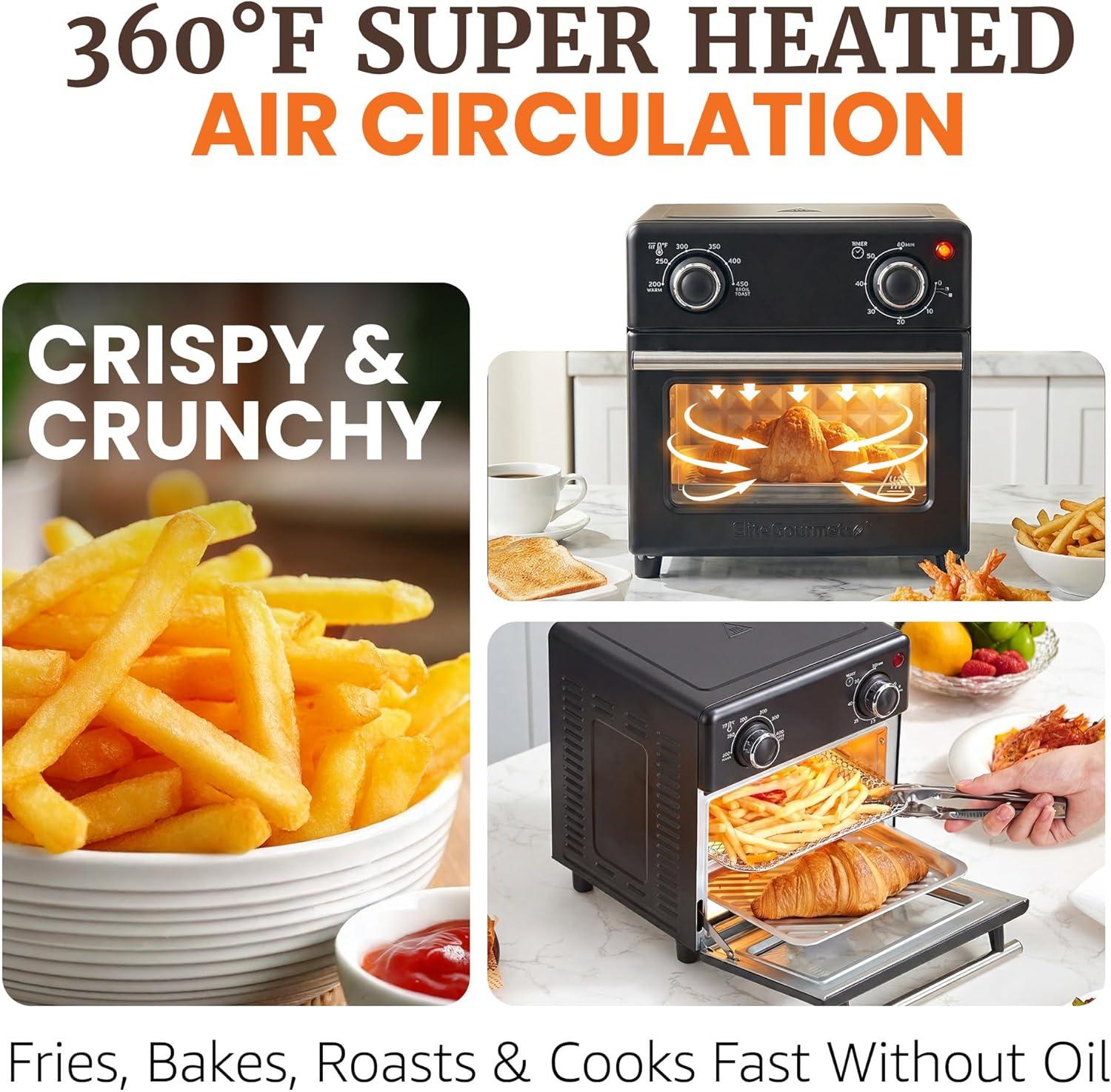 imageElite Gourmet EAF0852SS 85Qt Capacity Air Fryer Oven Air Fry Broil Toast Bake amp Broil with Convection Time and Temperature Controls 800Watts Includes 25 Delicious Recipes Stainless SteelBlack