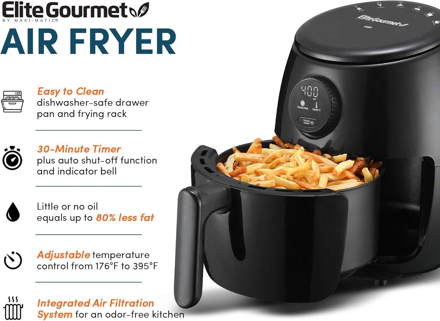 imageElite Gourmet EAF0852SS 85Qt Capacity Air Fryer Oven Air Fry Broil Toast Bake amp Broil with Convection Time and Temperature Controls 800Watts Includes 25 Delicious Recipes Stainless SteelBlack