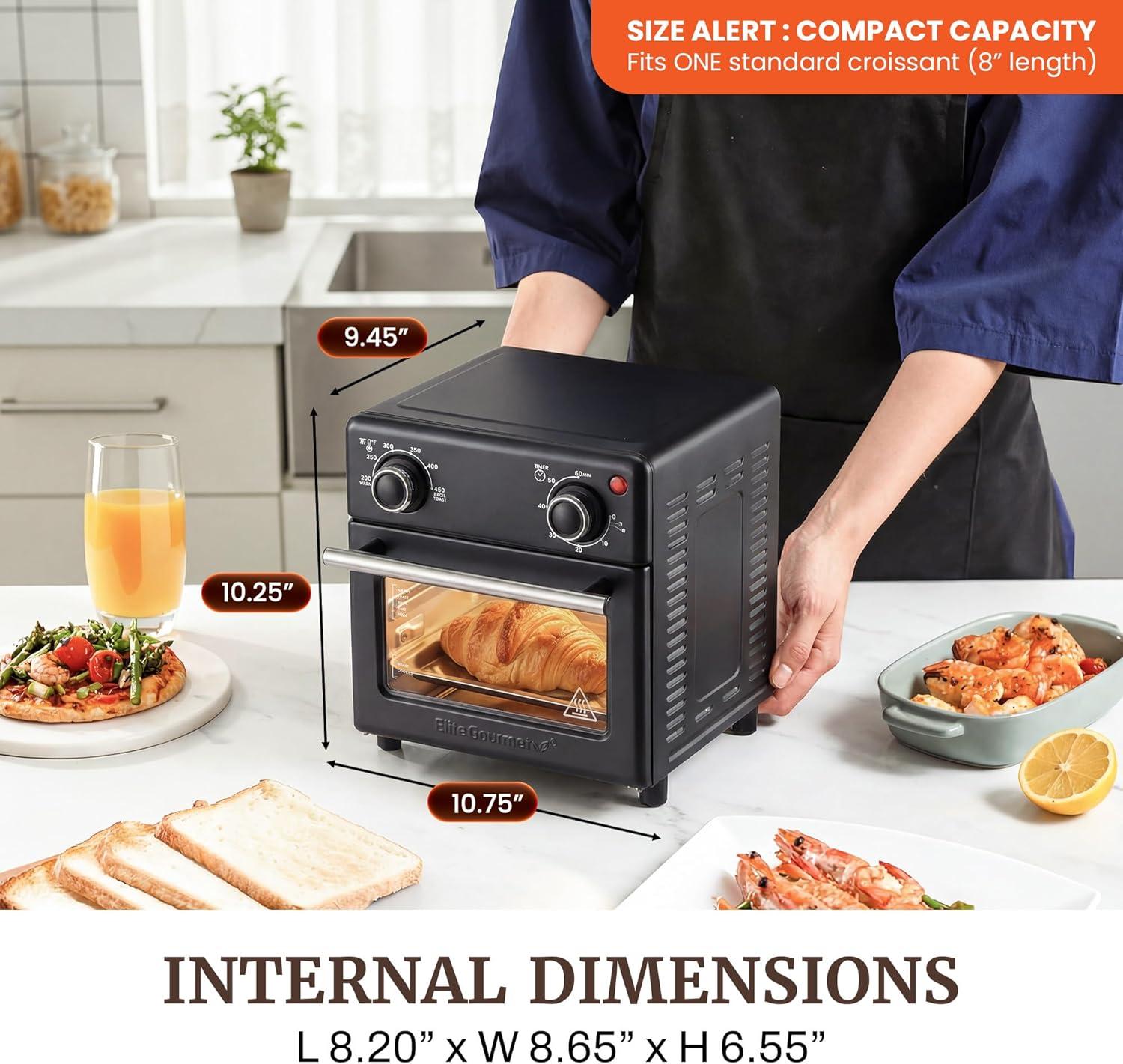 imageElite Gourmet EAF0852SS 85Qt Capacity Air Fryer Oven Air Fry Broil Toast Bake amp Broil with Convection Time and Temperature Controls 800Watts Includes 25 Delicious Recipes Stainless SteelBlack