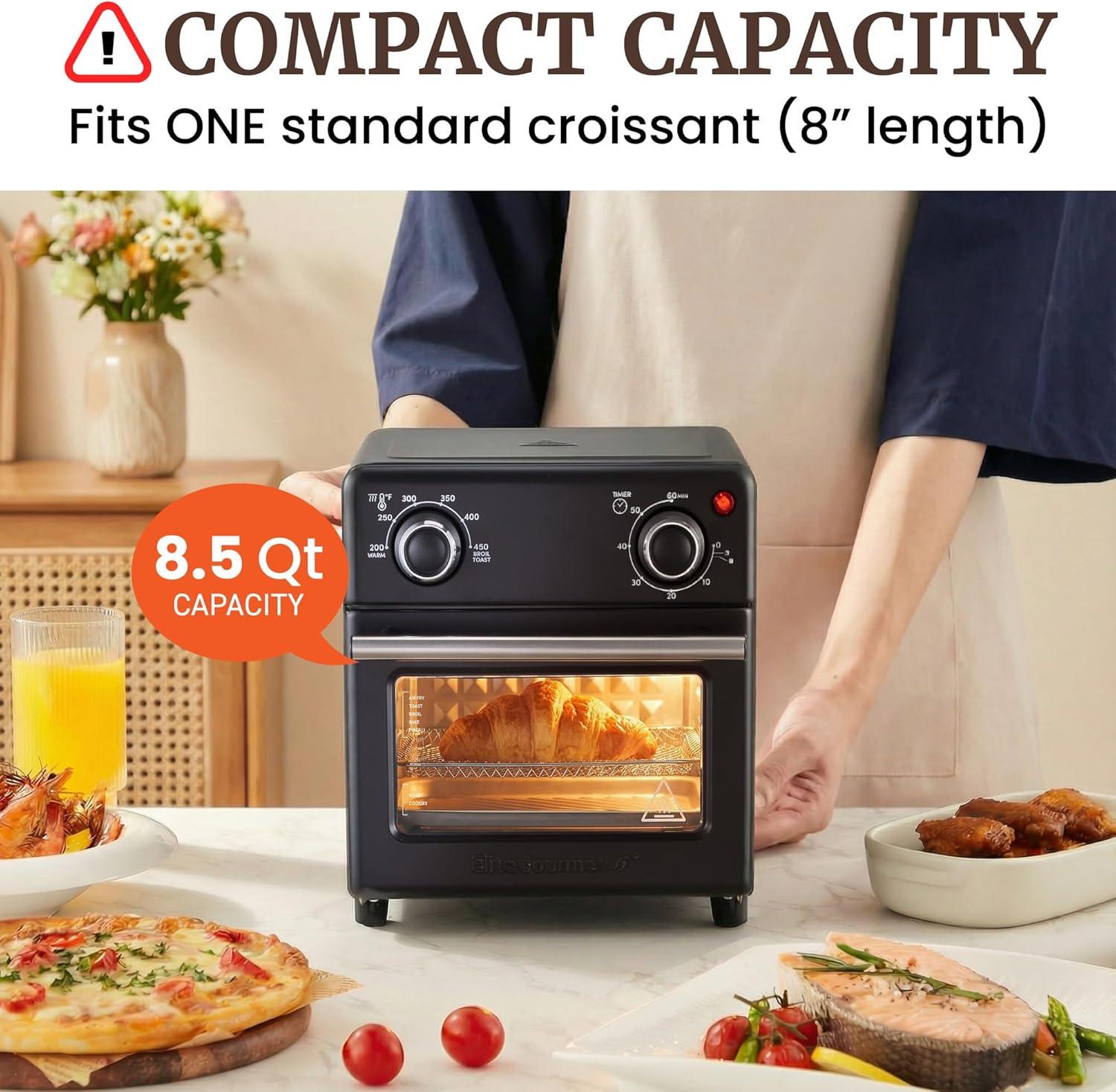 imageElite Gourmet EAF0852SS 85Qt Capacity Air Fryer Oven Air Fry Broil Toast Bake amp Broil with Convection Time and Temperature Controls 800Watts Includes 25 Delicious Recipes Stainless SteelBlack