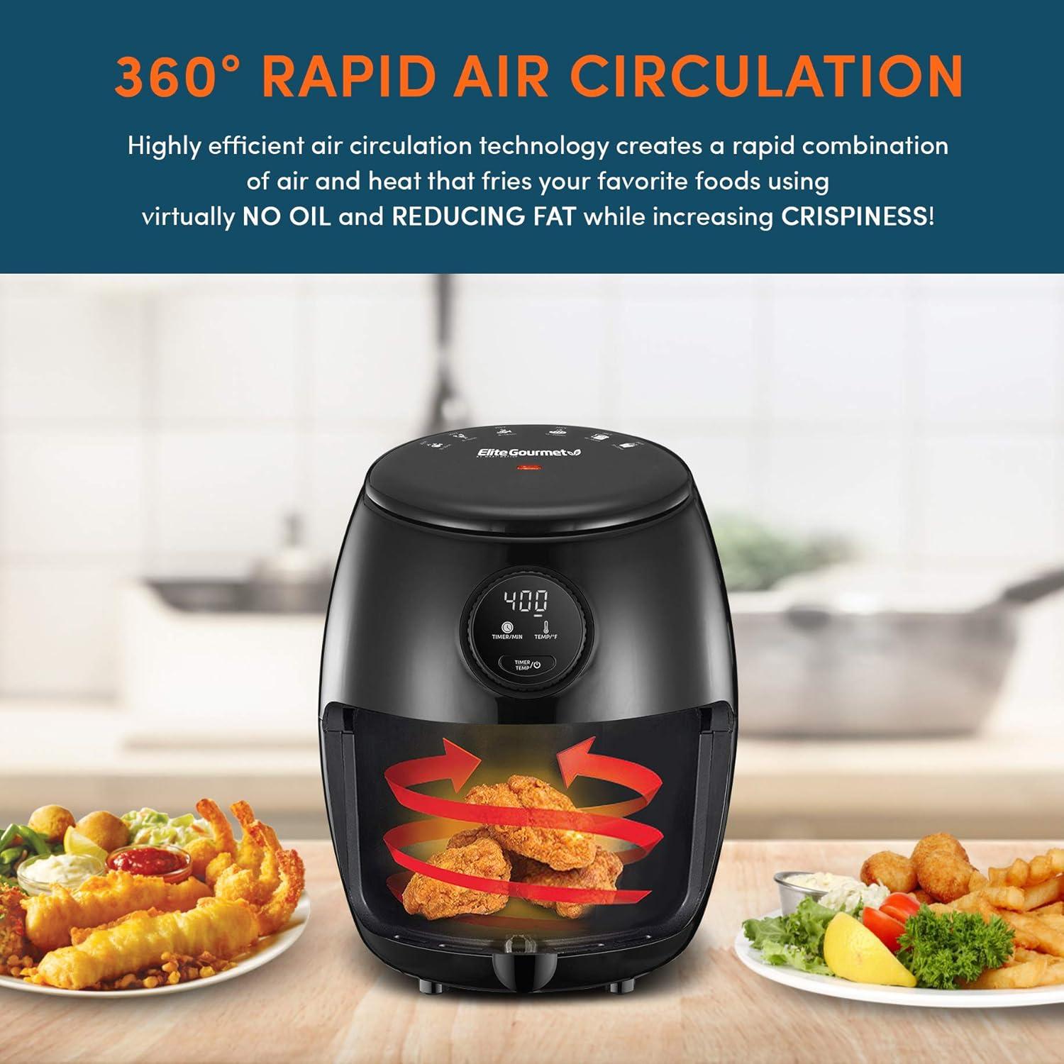 imageElite Gourmet EAF0852SS 85Qt Capacity Air Fryer Oven Air Fry Broil Toast Bake amp Broil with Convection Time and Temperature Controls 800Watts Includes 25 Delicious Recipes Stainless SteelBlack