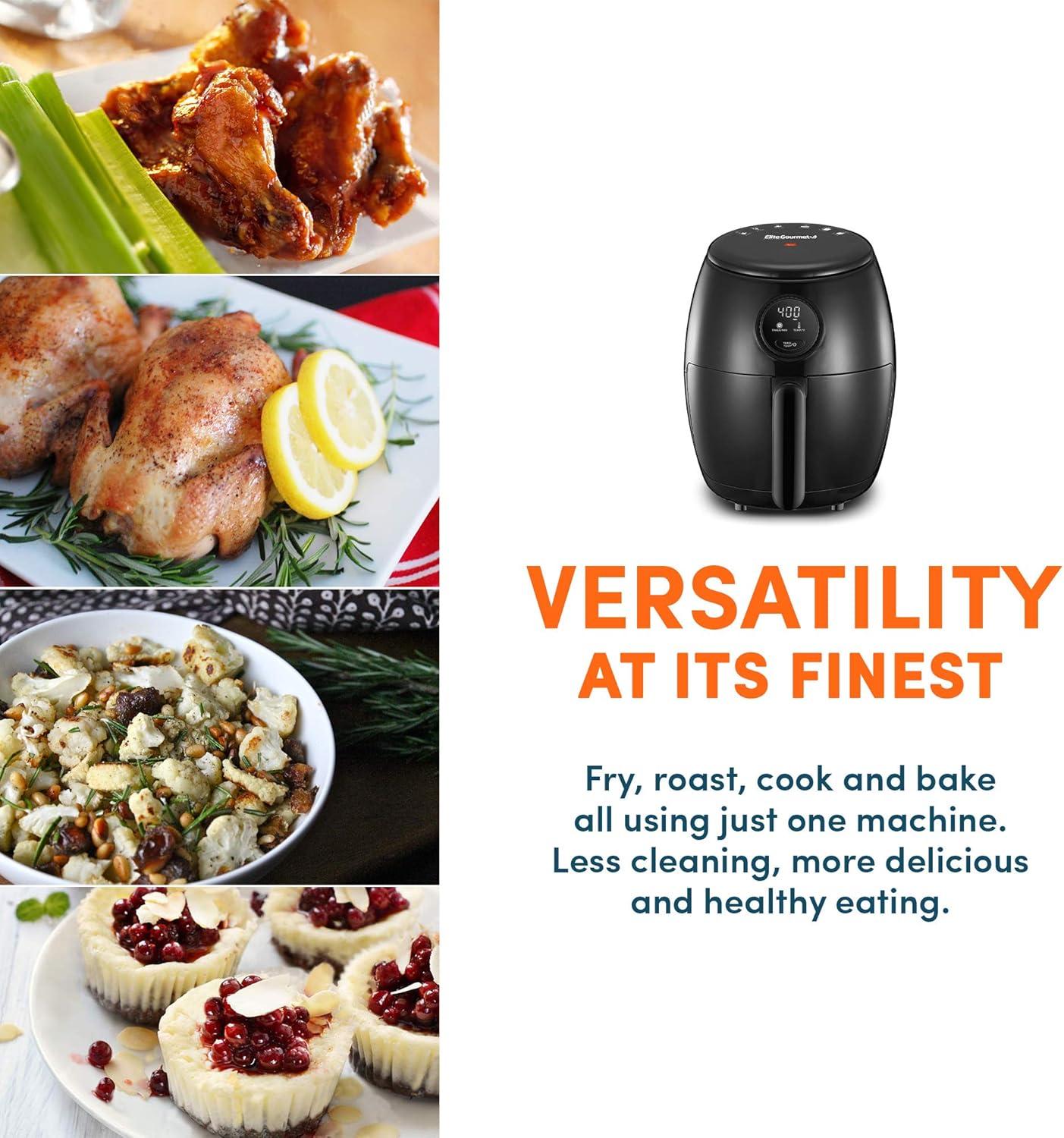 imageElite Gourmet EAF0852SS 85Qt Capacity Air Fryer Oven Air Fry Broil Toast Bake amp Broil with Convection Time and Temperature Controls 800Watts Includes 25 Delicious Recipes Stainless SteelBlack
